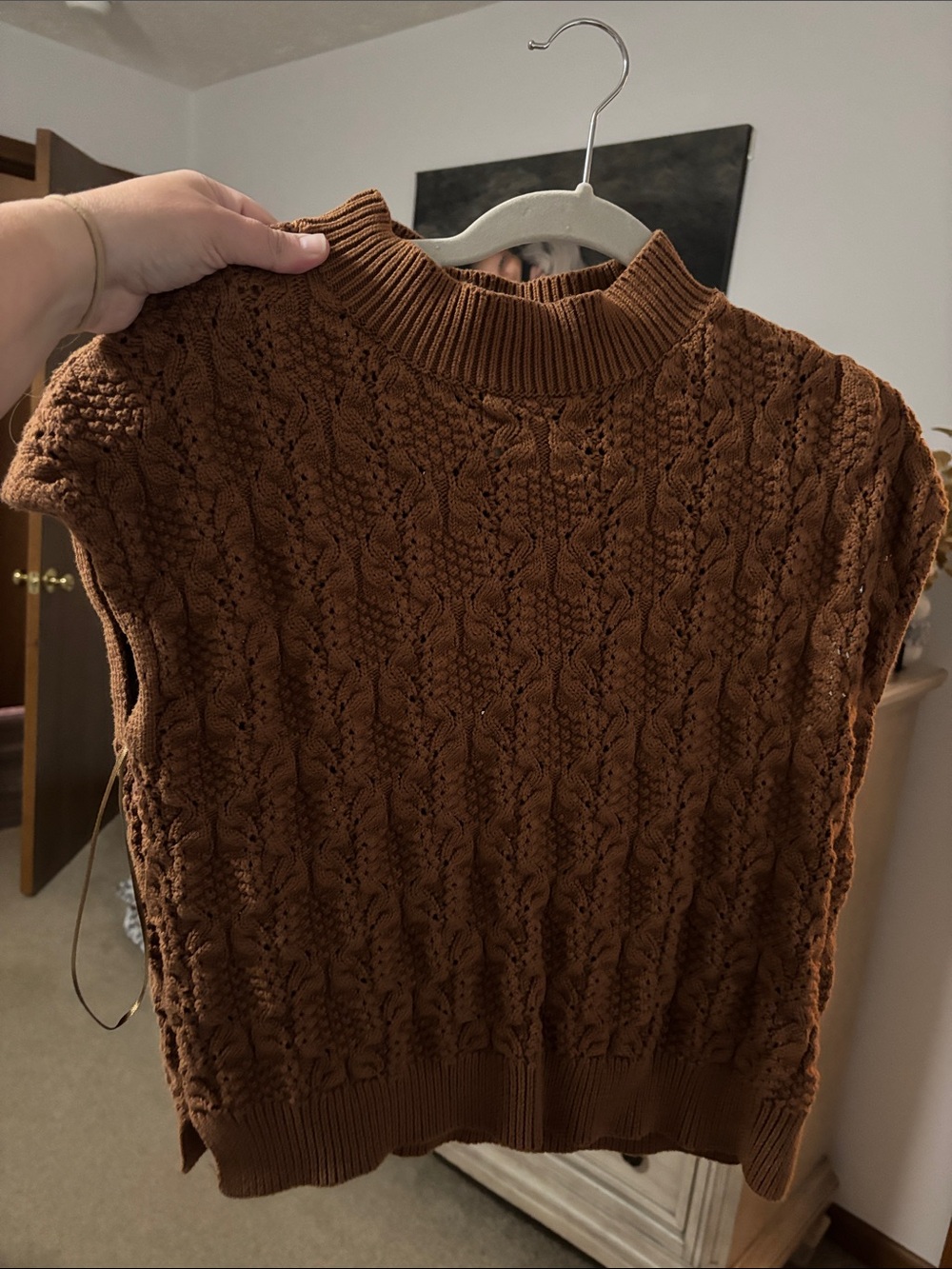 Cable Knit Sleeveless Turtleneck Sweater Vest in Brown